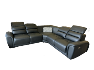 Black calais family lounge sofa with reclining backrest and footrests