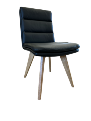 Black leather dining chair with wooden legs and transparent background