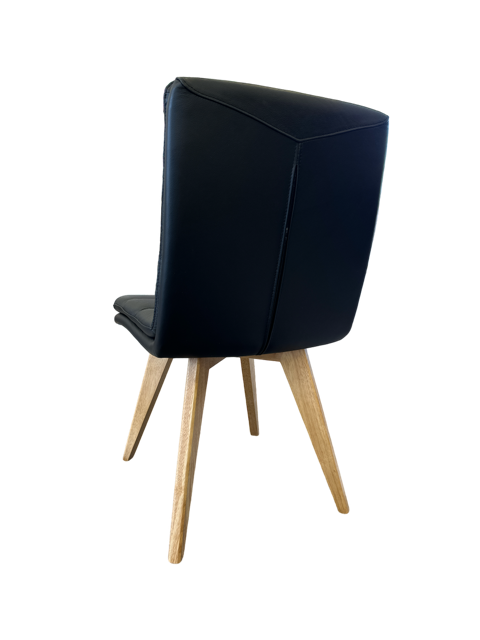 Black leather dining chair with wooden legs and transparent background